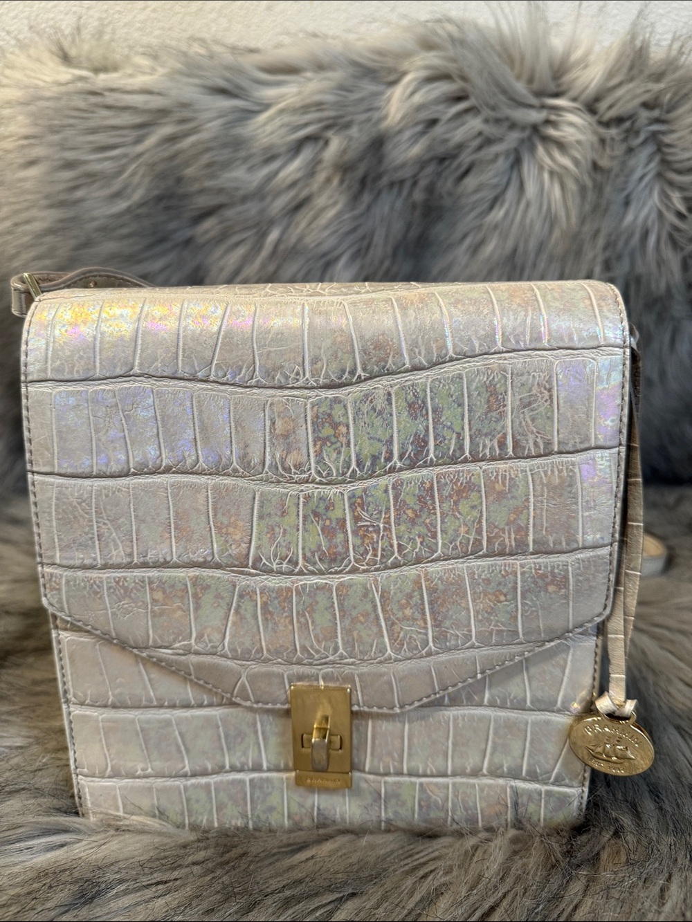Brahmin Iridescent Pearl Croc-Embossed Crossbody Bag with Gold Hardware